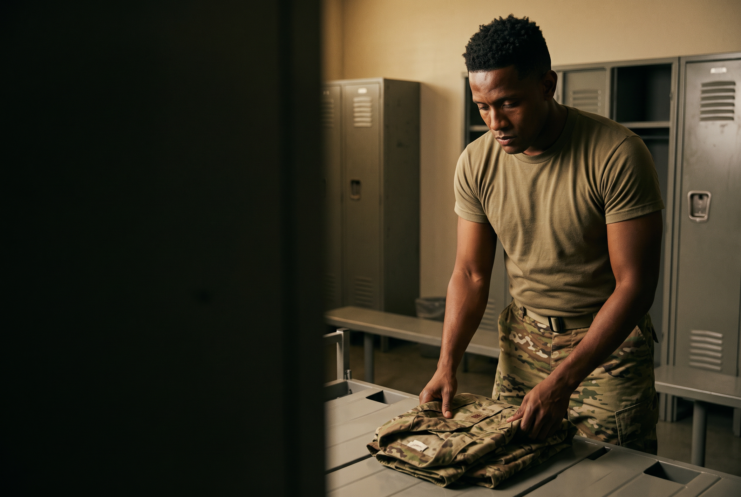 Jonah Okebulu, founder of Salute Yourself Initiative, preparing a military uniform in a locker room.